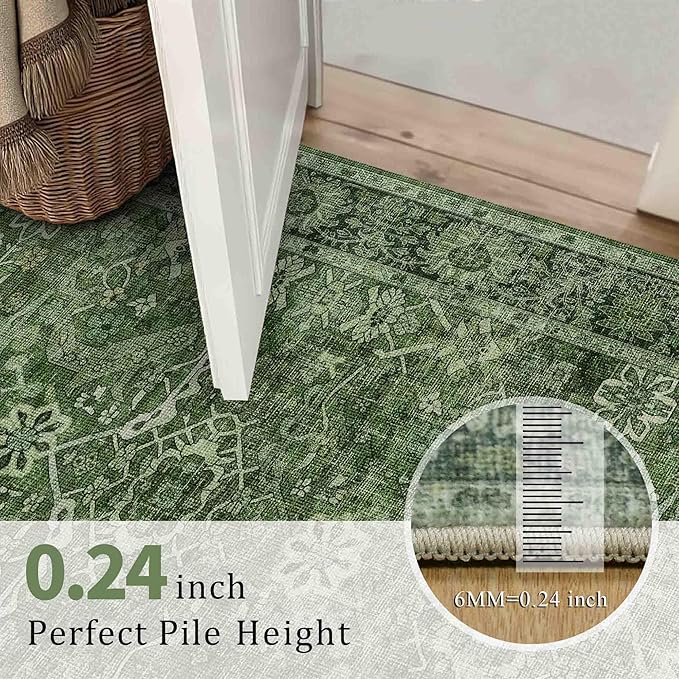 9x12 Washable Area Rug Green Vintage Rug for Living Room Bedroom Low Pile Soft Non-Slip Boho Rug for Under Table Boho Distressed Retro Carpet for Bedroom Kitchen Office Dining