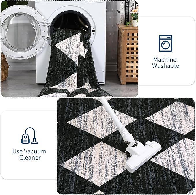 GarveeHome Kitchen Runner Rug Black Washable Rug for Front Door Entryway Hallway Distressed Checkered Mat Low Pile Neutral Area Rugs Non Slip Farmhouse Rugs 2x6