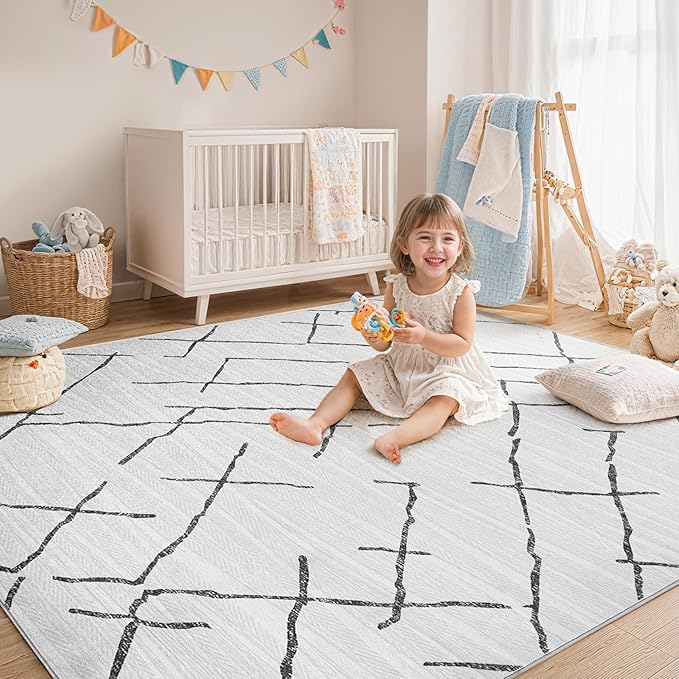 Area Rug Living Room Rugs - 9X12 Washable Boho Farmhouse Bohemian Neutral Large Moroccan Geometric Soft No Slip Indoor Thin Floor Carpet for Bedroom Under Dining Table Home Office - Light Grey