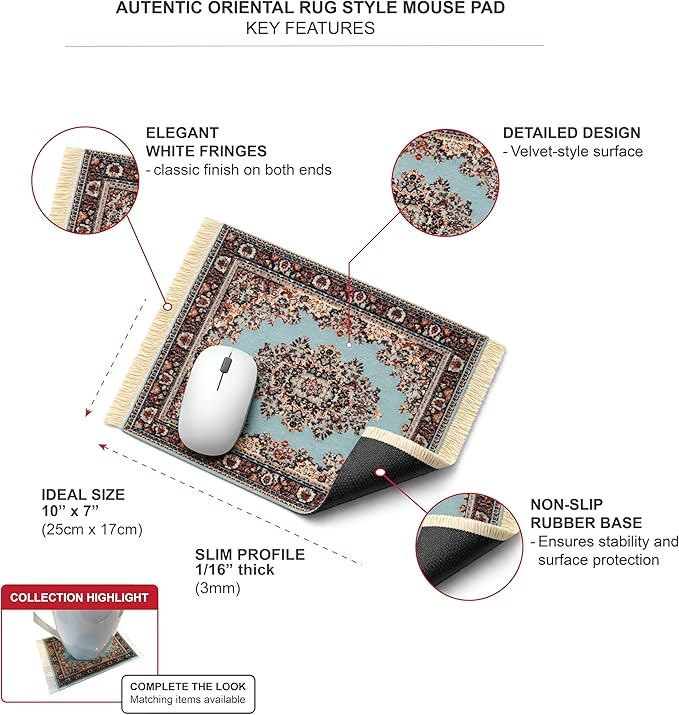 3-Piece Carpet-Style Desk Set – Turquoise Mouse Pad, Mini Rug Coaster & Bookmark, Colorful Elegant Office Accessories, Novelty Gift
