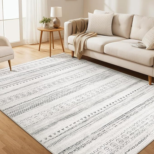 Area Rug Living Room Rugs - 6x9 Washable Boho Farmhouse Bohemian Neutral Large Moroccan Geometric Soft No Slip Indoor Rug Thin Floor Carpet for Bedroom Under Dining Table Home Office - Grey