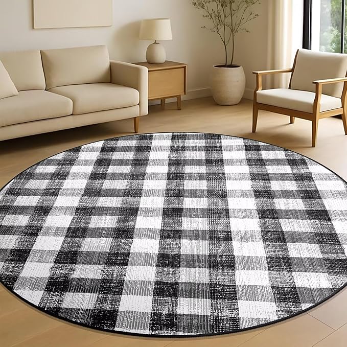 COLORPAPA Checkered Area Rug 5 Ft, Washable Round Rugs for Living Room, Modern Neutral Non Slip Indoor Carpet for Bedroom Office Patio Dining Room (Black and White)