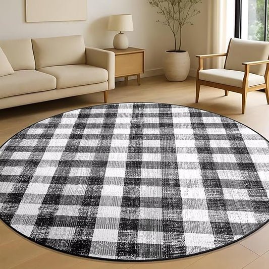 COLORPAPA Checkered Area Rug 5 Ft, Washable Round Rugs for Living Room, Modern Neutral Non Slip Indoor Carpet for Bedroom Office Patio Dining Room (Black and White)