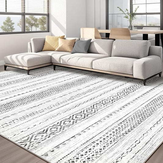 Area Rug Living Room Rugs - 8x10 Washable Boho Farmhouse Bohemian Neutral Large Moroccan Geometric Soft No Slip Indoor Thin Floor Carpet for Bedroom Under Dining Table Home Office - Square Grey
