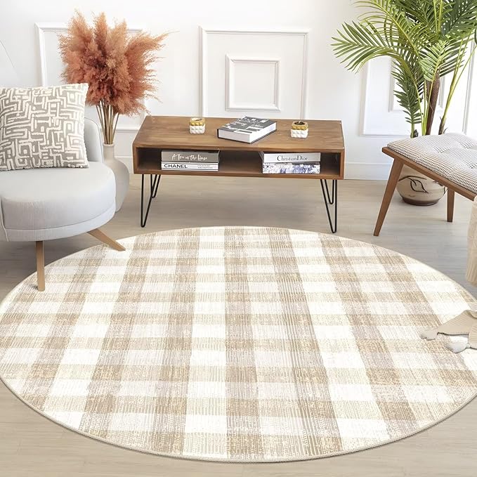 COLORPAPA Checkered Area Rug 4 Ft, Washable Round Rugs for Living Room, Modern Neutral Non Slip Indoor Carpet for Bedroom Office Patio Dining Room (Beige)