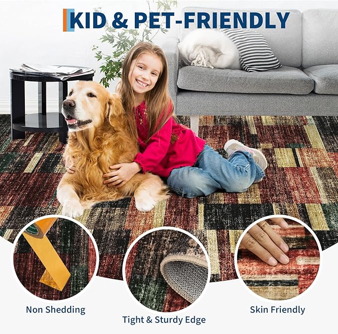 Washable Rugs 10x13 Rug for Living Room Modern Bedroom Rug Red Geometric Large Area Rug Non Slip Throw Rugs Soft Low Pile Stain Resistant Carpet for Dorm Dining Room 10'x13' Red