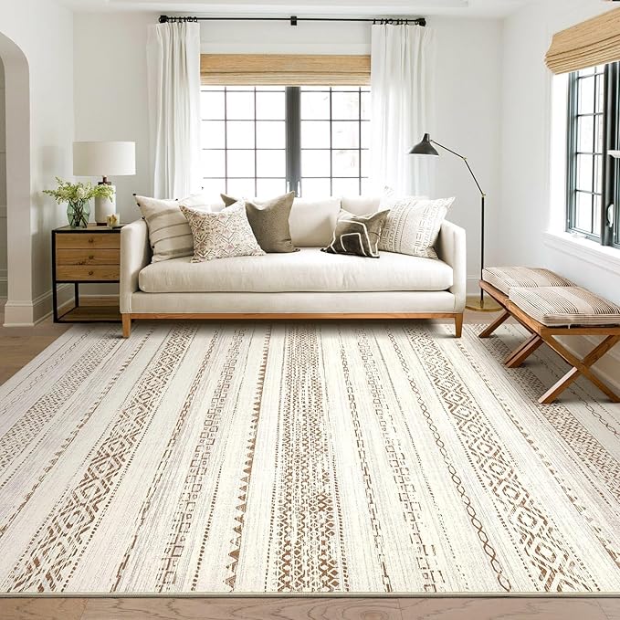 Area Rug Living Room Rugs - 5X7 Washable Boho Farmhouse Bohemian Neutral Large Moroccan Geometric Soft No Slip Indoor Thin Floor Carpet for Bedroom Under Dining Table -Square Brown