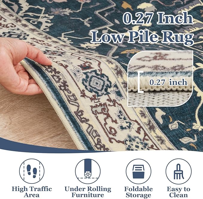 Deep Blue Round Rugs 5ft, Non Slip Washable Thin Circle Rugs for Bedroom Living Room, Traditional Medallion Printed Circle Carpet 5 feet for Kitchen Dining Room