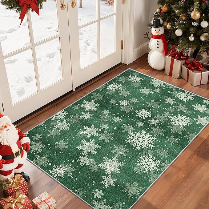 2x3 Christmas Doormat for Entryway, Washable Christmas Rugs Bathroom，Snowflake Front Porch Runner Rug，Non-Slip Green Christmas Rug Indoor(2'x3', Green/White)