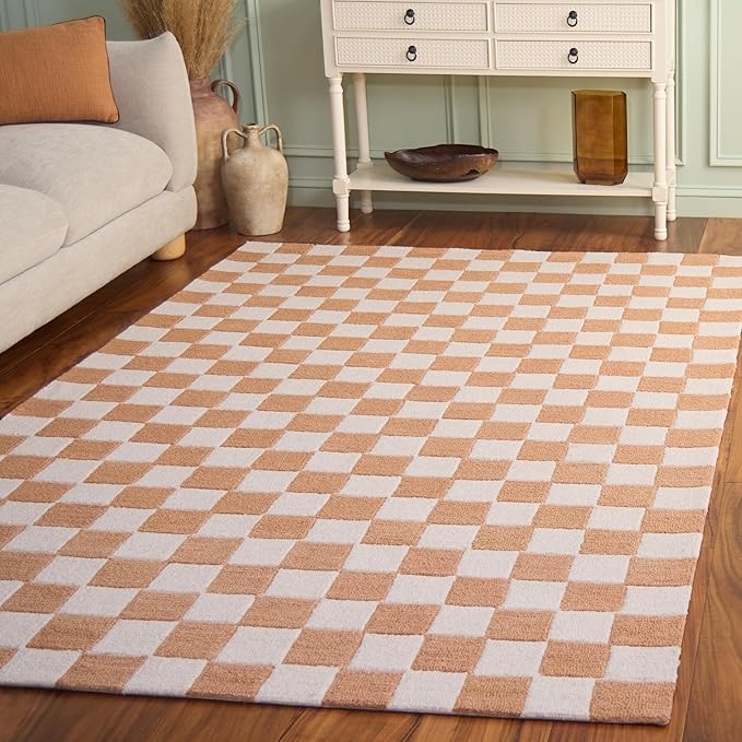 SAFAVIEH Ebony Collection Area Rug - 6' x 9', Rust & Ivory, Handmade Wool, Checkered Pattern, Ideal for Living Room, Bedroom, Home Office, Dining Space (EBN175P-6)