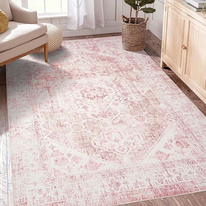 Area Rug - 3x5 Washable Pink Rug Honeycomb Non Slip Retro Rugs Soft Faux Wool Carpet Foldable & Machine Washable Rugs for Living Room Bedroom Dining Room Kitchen