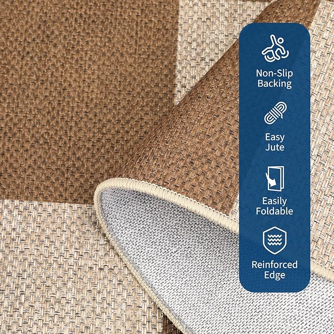 GAOMON 8x10 Rug Non Skid Throw Rugs Bedroom Neutral Area Rugs for Living Room Washable Jute Rug for Dining Room Modern Checkerboard Area Rug for Classroom Stain Resistant Farmhouse Rugs Brown