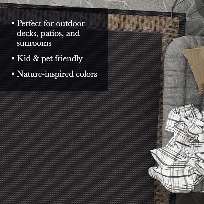 Couristan Recife Indoor Outdoor Rug - Wicker Stitch 8'6" x 13' Rectangle in Black and Brown, Hose Washable, Low Pile, Pet- Kid Friendly Home Decor for Living Room, Patio Furniture Set, Kitchen