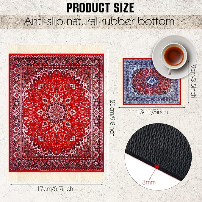 Hushee 4 Pcs Style Carpet Mouse Pad Mini Vintage Coasters Oriental Mouse Pad Floral Pattern Graduation Gift Rug with Anti Slip Rubber Base for Doll House Desk(Classic Style)