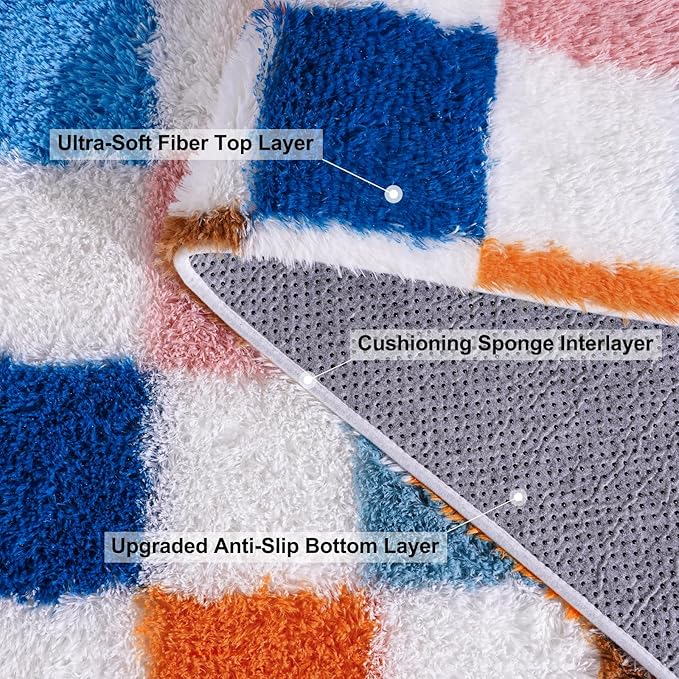 Checkered Rug 4x6 for Bedroom, Fluffy Plush Area Rug Non Slip, Modern Indoor Shag Rugs for Living Room Girls Kids Room Nursery Dorm Home Decor, Colorful Rainbow Carpet