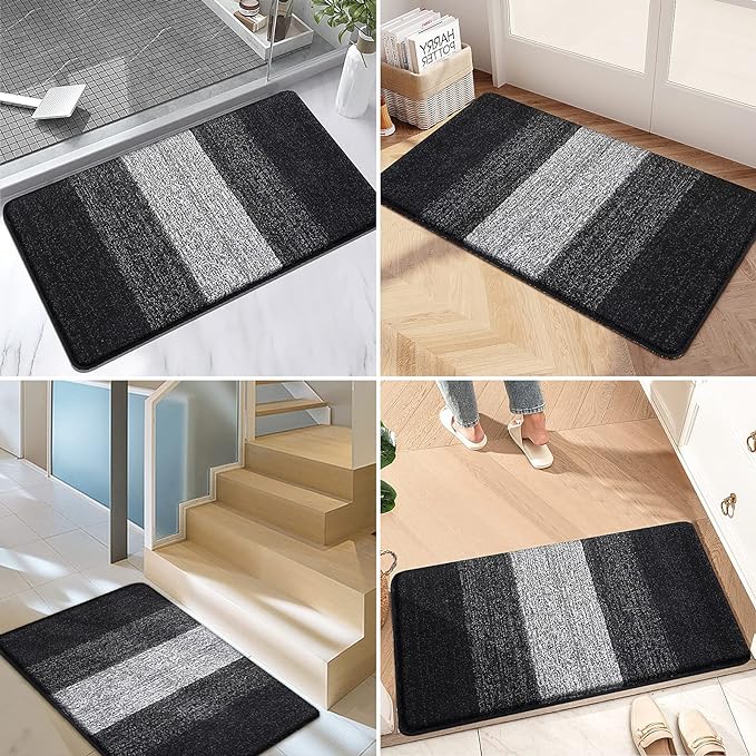 Kitinjoy Indoor Outdoor Door Mat, 47x17 Non-Slip Absorbent Dirt Trapper, Low-Profile Washable Inside Entrance Front Floor Mat, Sturdy Soft Entry Doormats for Entryway, Black