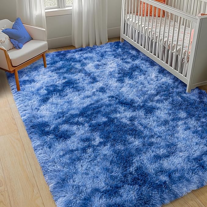 9x12 Large Area Rugs for Living Room, Tie-Dyed Blue Fluffy Shag Rug for Bedroom and Nursery, Soft and Comfy, Big Carpet for Kids, Girls, Boys Room Dorm Home Decor Aesthetic, Upgrade Non Slip