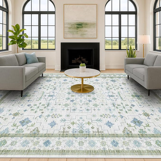 Green Area Rugs 9x12 Living Room - Washable Oriental Geometric, Extra Large for Bedroom Non Slip Soft Faux Wool Carpet for Dining Room Playroom, Lounge - Blue and Green Floral Rug