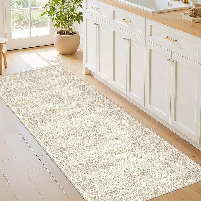 2x7 Runner Rug Non Slip, Thin Entryway Washable Rug for Entryway, Runners for Hallways, Low Pile Vintage Abstract Soft Rugs for Living Room, Kitchen, Bedroom(2'x7', Beige/Ivory')