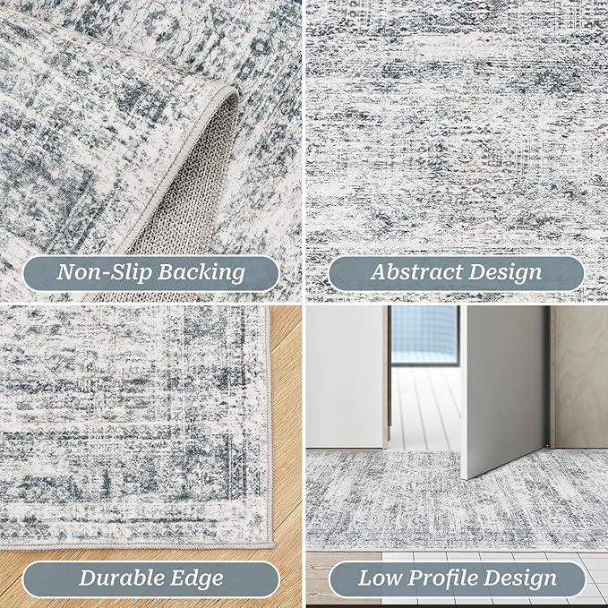 2x5 Rug Runner Washable for Entryway, Soft Bathroom Rugs with Non-Slop Backing, Abstract Low Pile Hallway Runner, Vintage Small Kitchen Carpet for Stair, Laundry Room(2'x5', Grey/Ivory)