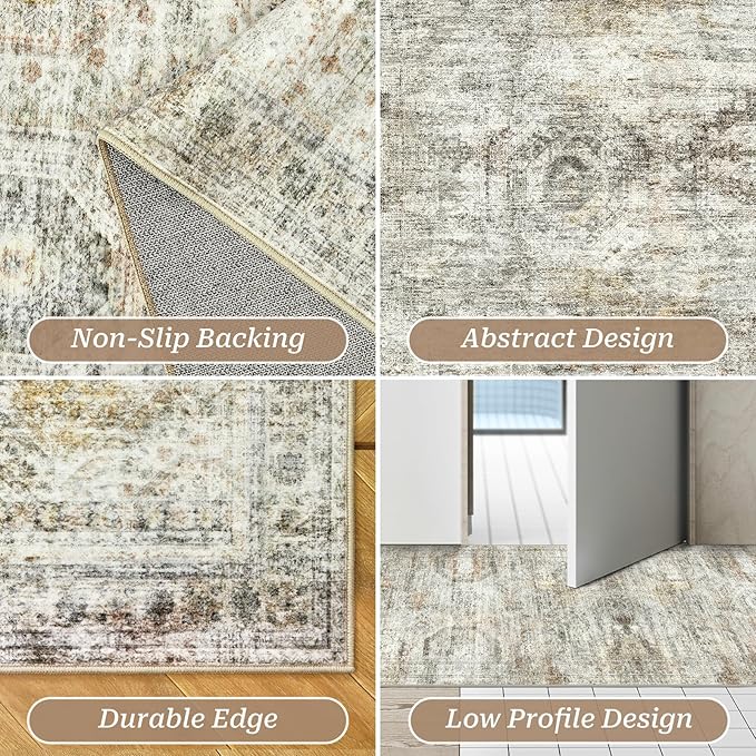 2x3 Washable Rug Runner for Bathroom, Soft Entryway Rug for Laundry Room, Kitchen, Vintage Abstract Hallway Runner for Bedroom, Anti-Slip Door Mat Indoor Entrance(2'x3', Grey/Rust)