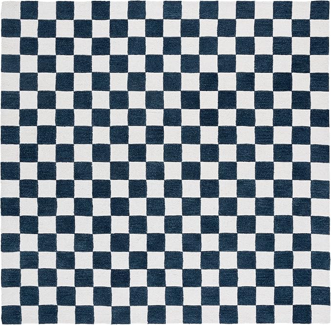 SAFAVIEH Ebony Collection Area Rug - 6' Square, Blue & Ivory, Handmade Wool, Checkered Design, Ideal for Living Room, Bedroom, Dining Space (EBN175M)