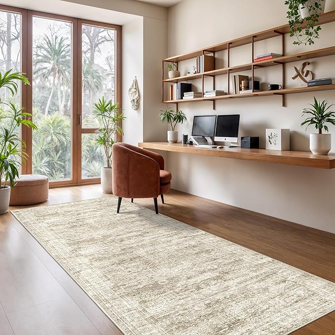 3x10 Runner Rug Non Slip Washable for Entryway, Vintage Hallway Runner for Front Porch, Laundry Room, Bedroom, Abstract Stain Resistant Thin Indoor Kitchen Mats for Floor(3'x10', Brown/Ivory)