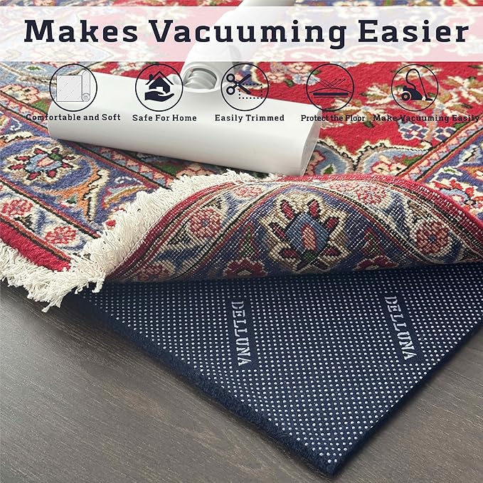 DELLUNA Non-Slip Area Rug Pad 3/8" 2.5'x10' Thick Double Side Rubber + Felt, Premium Deluxe Cushioned- Safe for All Floors, Adds Comfort and Protection, Ultra Strong Grip, Stop Rug from Moving.
