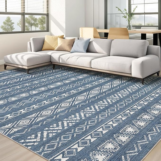Area Rug Living Room Rugs - 8X10 Washable Boho Farmhouse Bohemian Neutral Large Moroccan Geometric Soft No Slip Indoor Thin Floor Carpet for Bedroom Under Dining Table Home Office -Blue