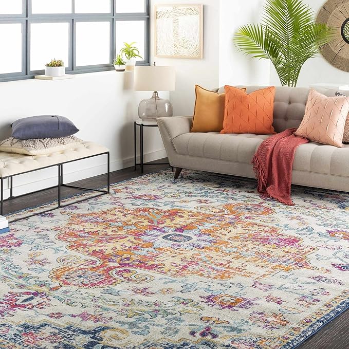 Hauteloom Kaleidoscope 5' 3" x 7' 3" Moroccan Bohemian Updated Traditional - Oriental Area Rug - Rectangle - Polypropylene - Saffron, Light Gray, Charcoal, Teal, Dark Blue, Garnet, Burnt Orange, Beige