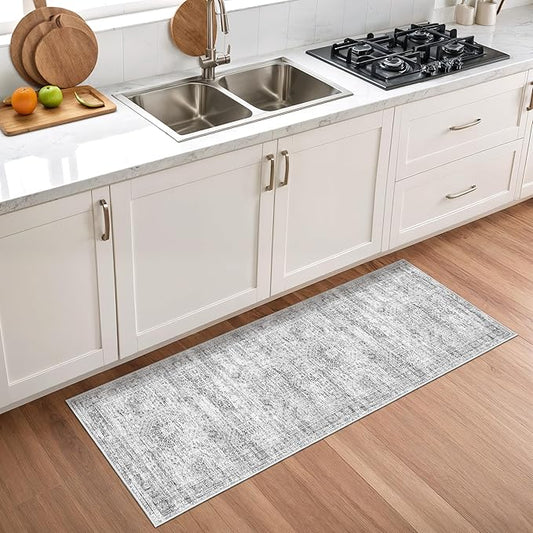2x5 Rug Runner Washable for Entryway, Soft Bathroom Rugs with Non-Slop Backing, Abstract Low Pile Hallway Runner, Vintage Small Kitchen Carpet for Stair, Laundry Room(2'x5', Grey/Ivory)