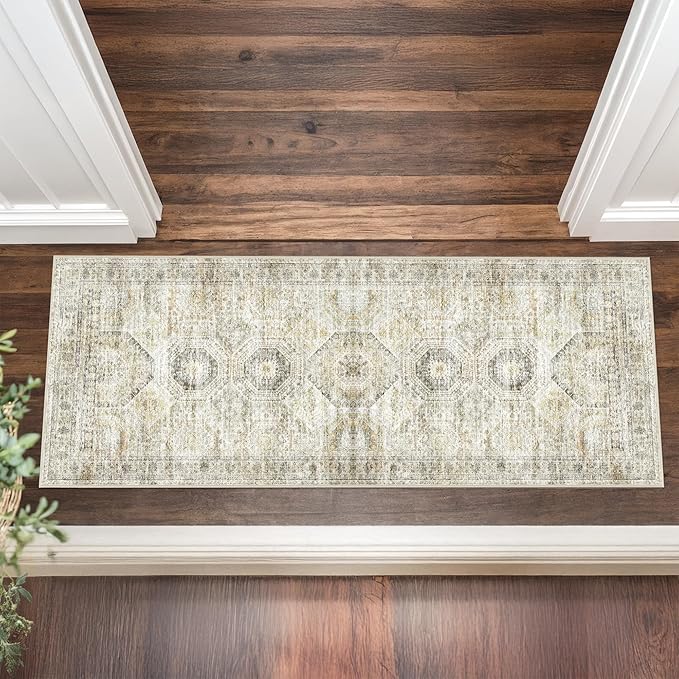 2x5 Rug Runner Washable for Entryway, Soft Bathroom Rugs with Non-Slop Backing, Abstract Low Pile Hallway Runner, Vintage Small Kitchen Carpet for Stair, Laundry Room(2'x5', Grey/Yellow)