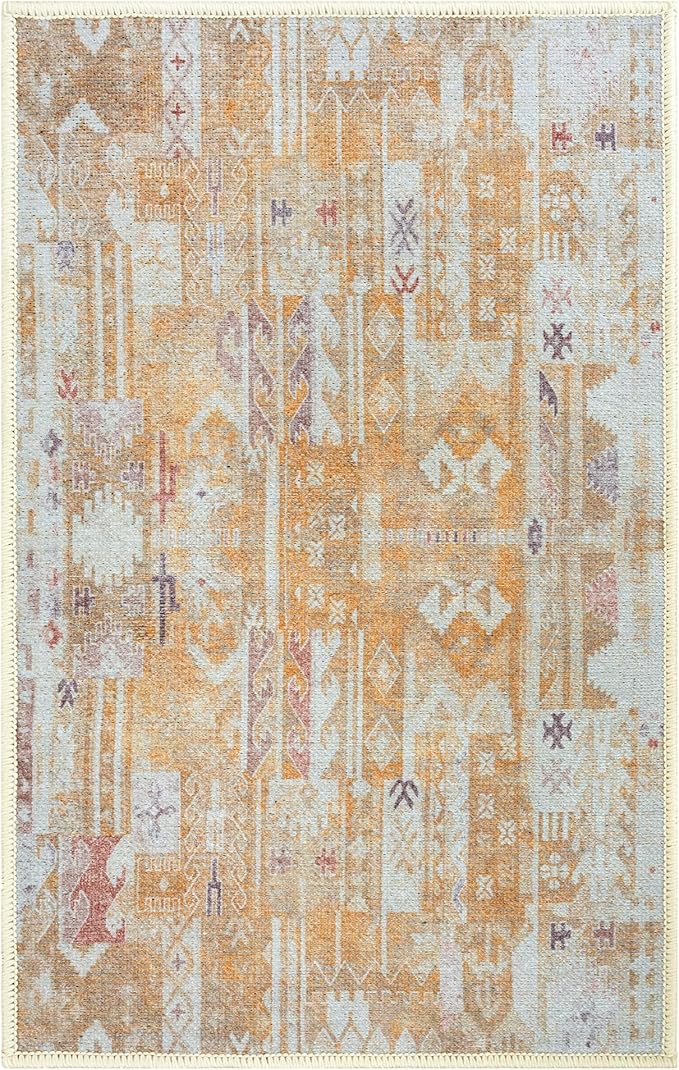 GLN Rugs Bohemian Collection - Machine Washable Area Rug, Bohemian Vintage, Non Slip, Low Pile Chenille Rug, Living Room, Bedroom, Bathroom Rug (2'x3' Yellow)