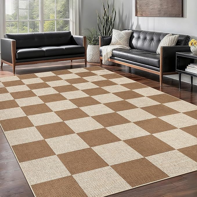 GAOMON 8x10 Rug Non Skid Throw Rugs Bedroom Neutral Area Rugs for Living Room Washable Jute Rug for Dining Room Modern Checkerboard Area Rug for Classroom Stain Resistant Farmhouse Rugs Brown