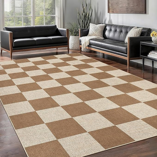GAOMON 8x10 Rug Non Skid Throw Rugs Bedroom Neutral Area Rugs for Living Room Washable Jute Rug for Dining Room Modern Checkerboard Area Rug for Classroom Stain Resistant Farmhouse Rugs Brown