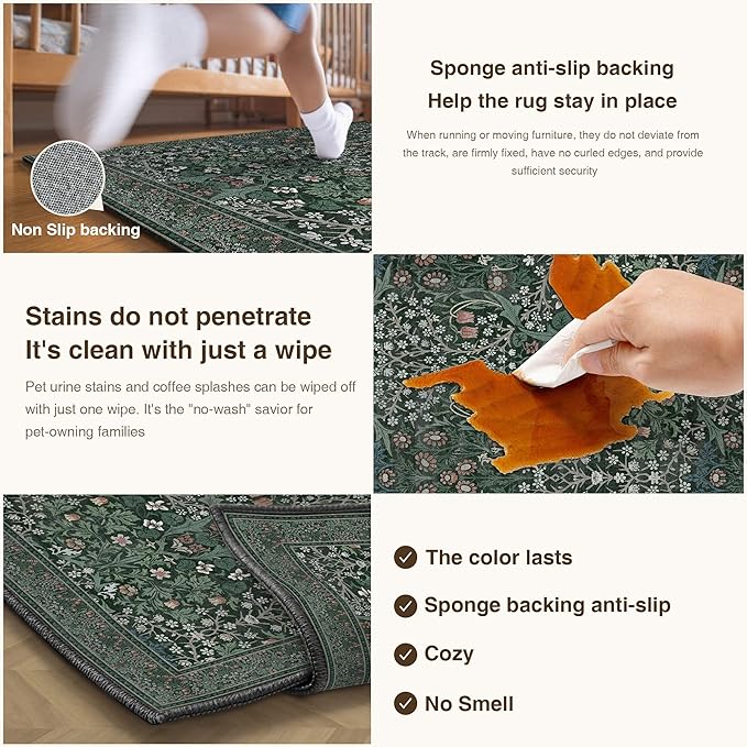 HUGEAR Vintage Floral 2x8 Machine Washable Runner Rugs Green Hallway Rug Retro Neutral Stain Resistant Non Slip Low Pile Throw Carpet for Bedroom Kitchen Aesthetic Modern Decor