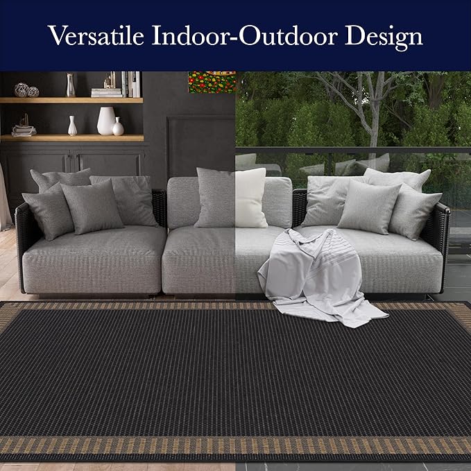 Couristan Recife Indoor Outdoor Rug - Wicker Stitch 8'6" x 13' Rectangle in Black and Brown, Hose Washable, Low Pile, Pet- Kid Friendly Home Decor for Living Room, Patio Furniture Set, Kitchen
