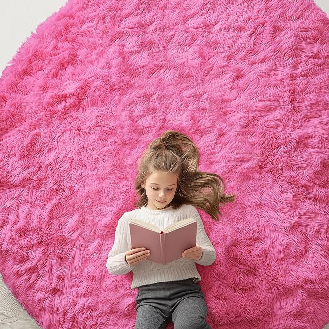 OLANLY Hot Pink Round Rugs for Bedroom - Machine Washable, 7 ft Circle Area Rugs for Living Room, Soft and Fluffy Shaggy Carpet for Teen Girls and Boys, Nursery Rooms, Dorms, Home Decor Aesthetic