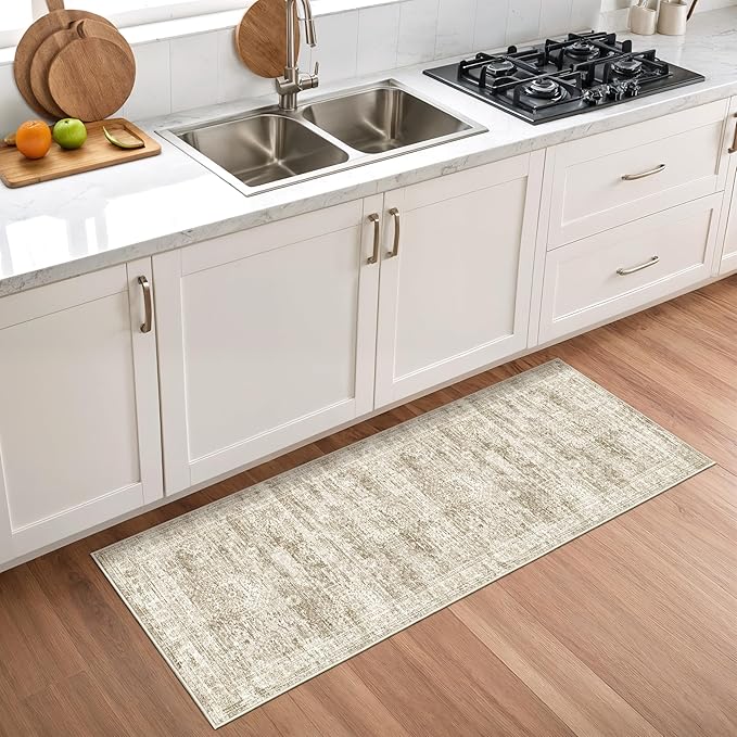 2x5 Rug Runner Washable for Entryway, Soft Bathroom Rugs with Non-Slop Backing, Abstract Low Pile Hallway Runner, Vintage Small Kitchen Carpet for Stair, Laundry Room(2'x5', Brown/Ivory)