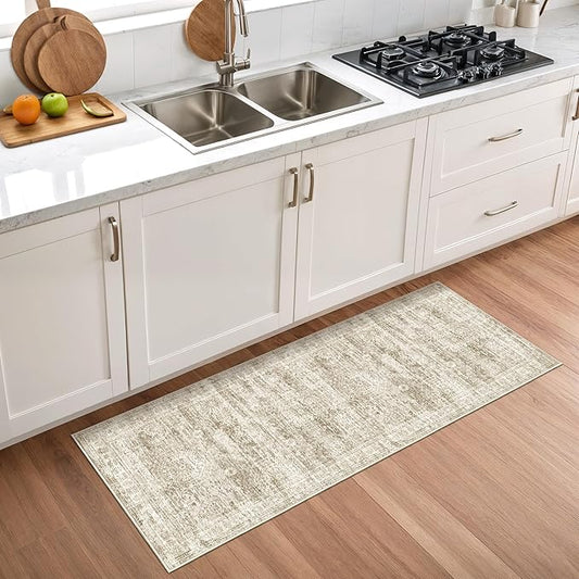 2x5 Rug Runner Washable for Entryway, Soft Bathroom Rugs with Non-Slop Backing, Abstract Low Pile Hallway Runner, Vintage Small Kitchen Carpet for Stair, Laundry Room(2'x5', Brown/Ivory)