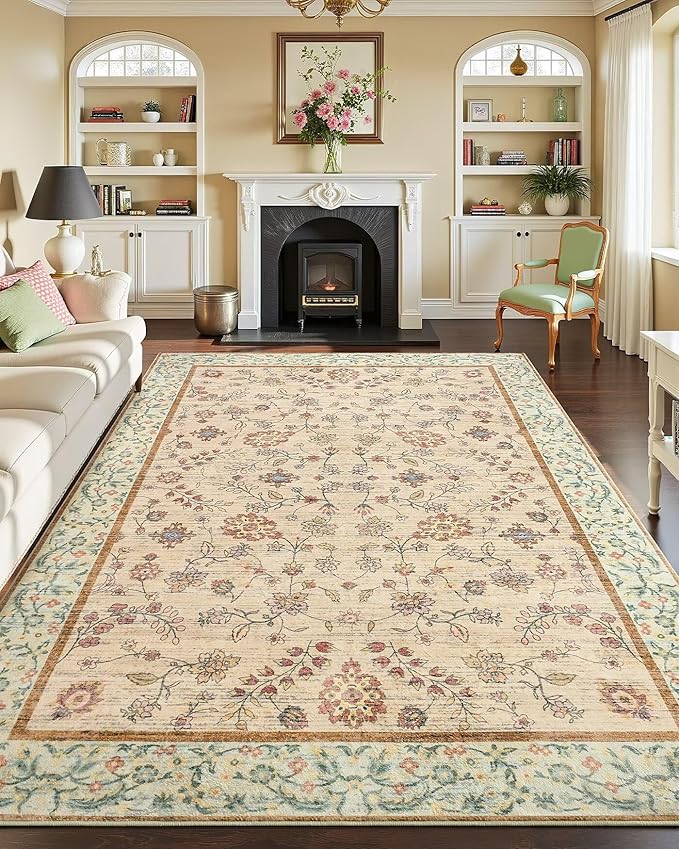 6x9 Area Rugs for Living Room, Boho Washable Bedroom Rug, Vintage Floral Non Slip Rugs, Soft Low Pile Carpet for Kitchen Dining Room Office Farmhouse, Beige/Green