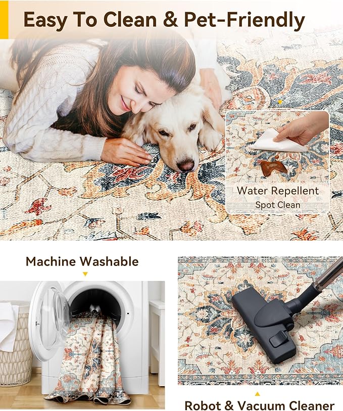 Area Rugs 2'x8' Washable Non-Slip, Floral Vintage Distress Print Pattern Medallion Carpet for Living Room Bedroom Dining Room, Beige Navy Blue Orange Colorful