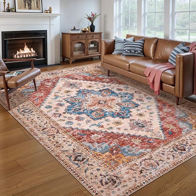 Ciicool 5x7 Area Rugs, Washable Area Rug Boho Rugs for Living Room Non-Slip Indoor Rugs Large Low-Pile Mat Floor Carpet Vintage Rug for Bedroom Office Dinning Foyer Decor