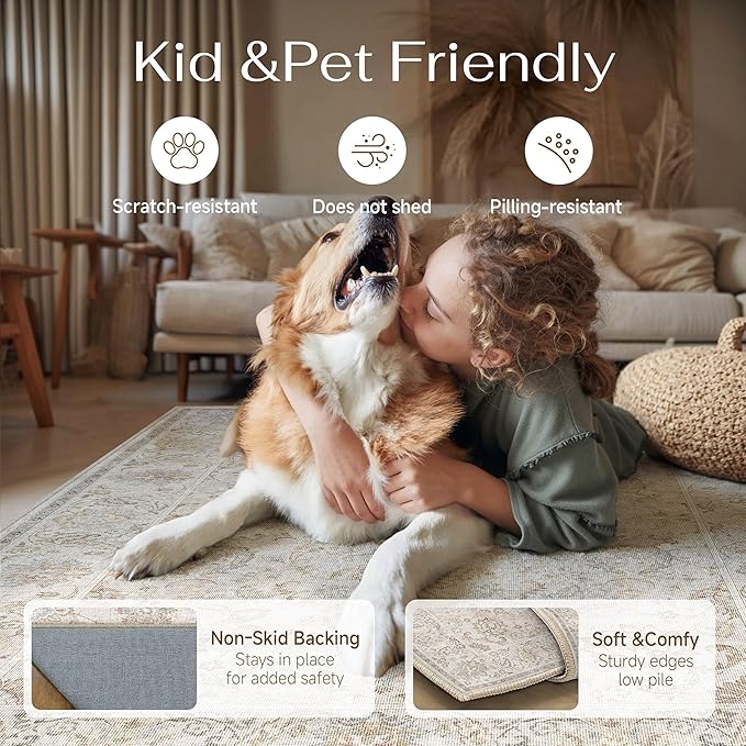 HUGEAR 8x10 Machine Washable Area Rugs Vintage Grey - Neutral Living Room Bedroom Rug Non Slip Stain Resistant Low Pile Aesthetic Throw Carpet Kids & Pet Friendly