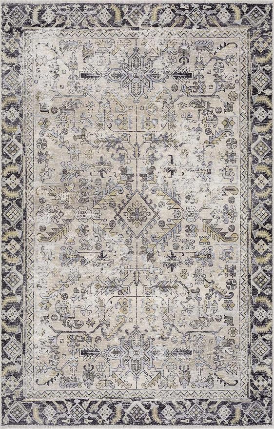 Hauteloom Ariane Bohemian Vintage Medallion Area Rug - Farmhouse Oriental Carpet for Living Room, Bedroom - Machine Washable- Gold, Arctic Blue, Black - 5' x 7'6"