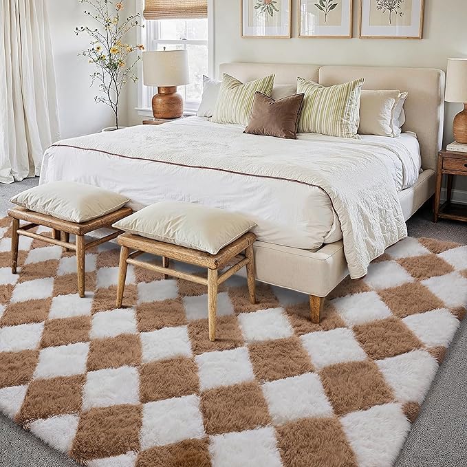 8x10 Checkered Rug for Living Room Brown and White Soft Fluffy Shag Area Rug Bedroom Vintage Plush High Pile Non Slip Fuzzy Carpet for Aesthetic Home Decor