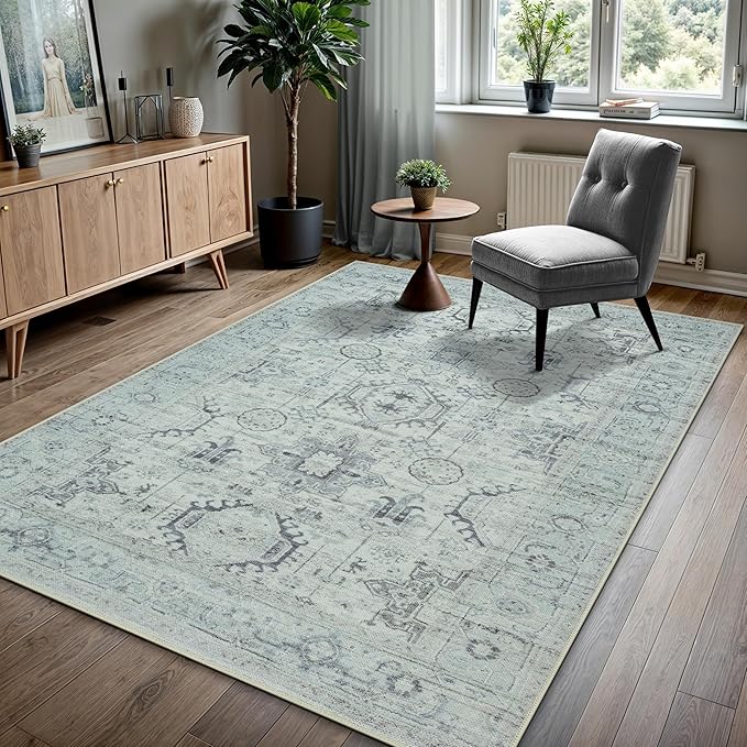 GLN Rugs Bohemian Collection - Machine Washable Area Rug, Bohemian Vintage, Non Slip, Low Pile Chenille Rug, Living Room, Bedroom, Bathroom Rug (4'x6' Beige and Gray)