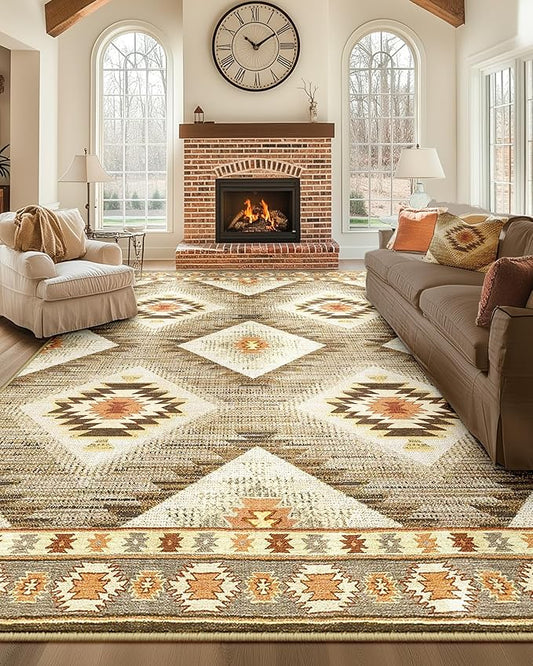 Area Rug 9x12 Rug Machine Washable Non-Slip Low Pile Print Pattern Western Rug for Living Room Bedroom Entryway Tribal Series -Cream/Camel