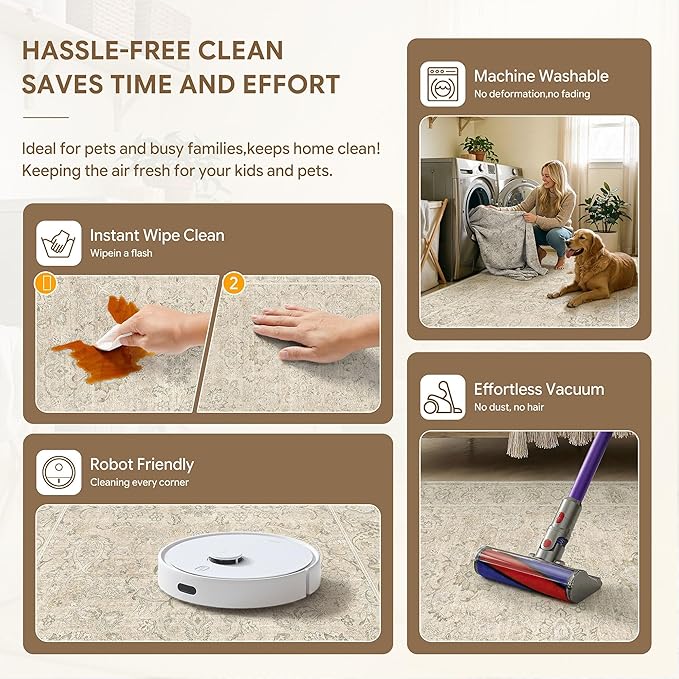 HUGEAR 9x12 Machine Washable Area Rugs Vintage Beige - Neutral Living Room Bedroom Rug Non Slip Stain Resistant Low Pile Aesthetic Throw Carpet Kids & Pet Friendly
