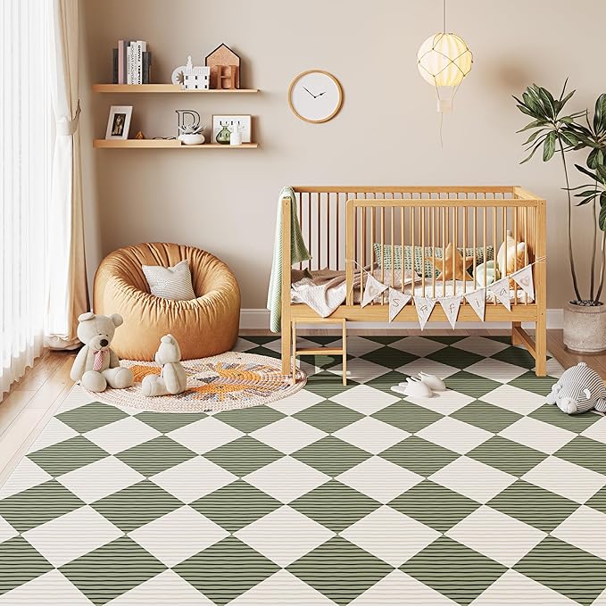 6x9 Washable Checkered Rugs for Bedroom, Green and White Area Rug for Living Room, Geometric Faux Wool Carpet for Kids, Girls, Boys Playroom, Dorm, Nursery, Dining Room, Kitchen, Non Slip